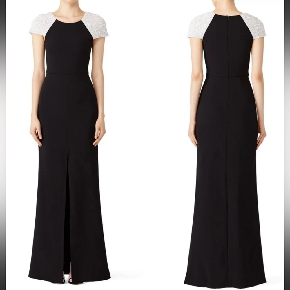 Parker Black Evening Gown Dress with White Beaded Cap Sleeves and front slit